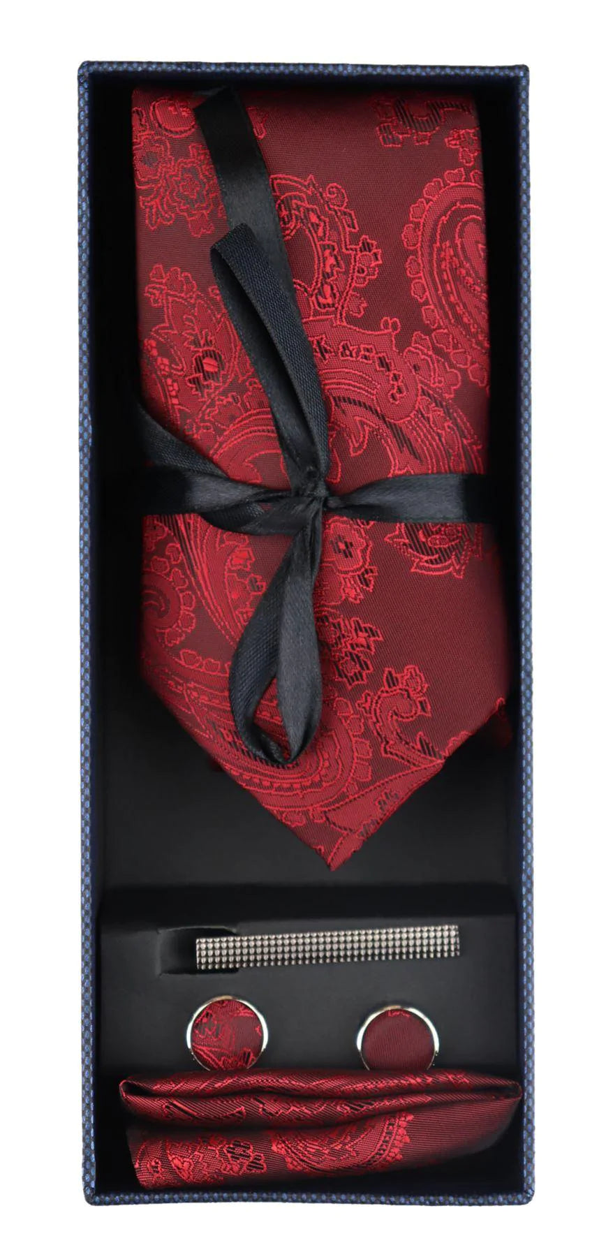Conjunto de presente com gravata vermelha Paisley, lenço de bolso, abotoaduras e gravata floral de cetim.