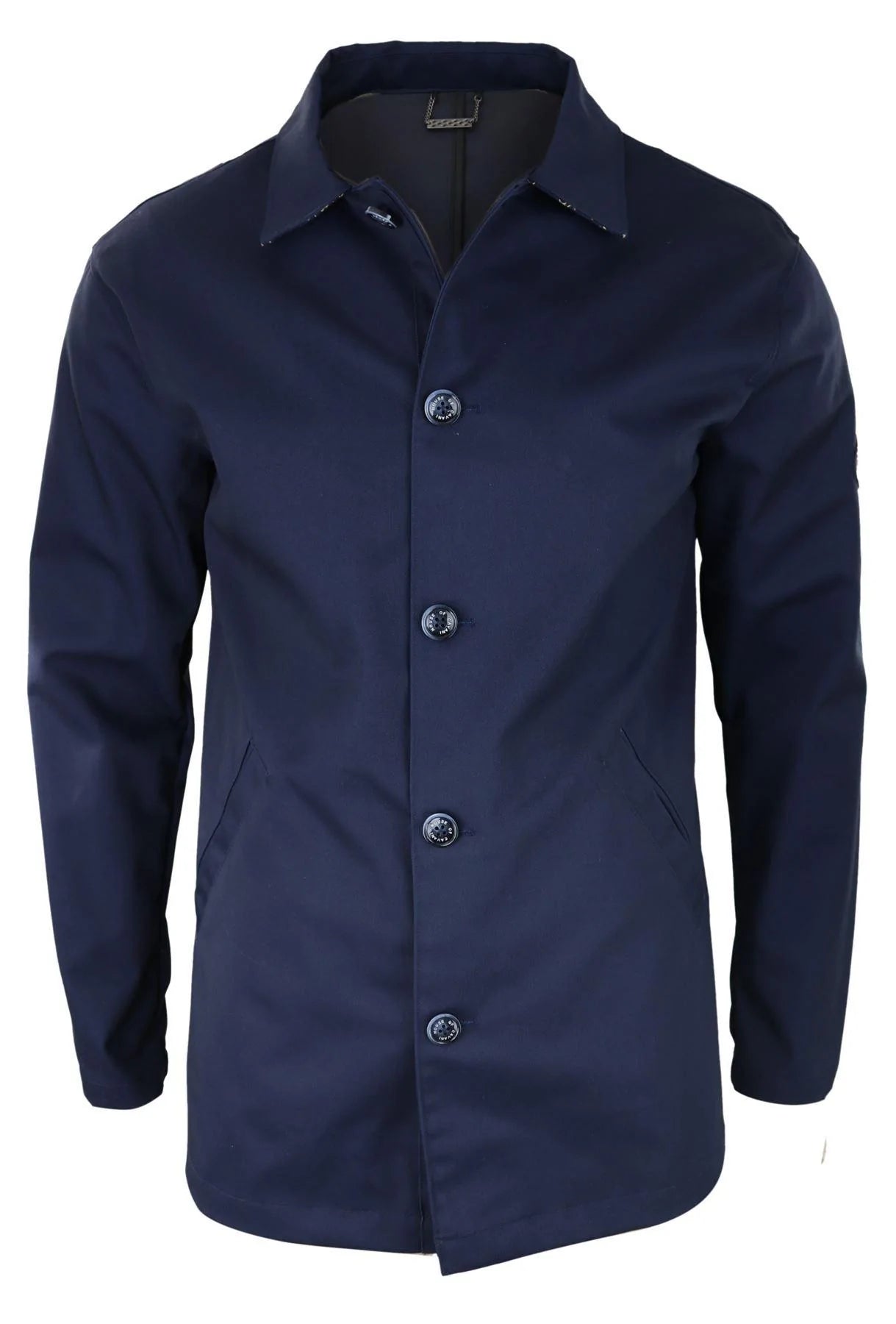 Casaco masculino de comprimento médio, leve, elegante e casual, azul marinho.