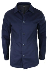 Casaco masculino de comprimento médio, leve, elegante e casual, azul marinho.