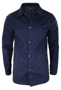 Casaco masculino de comprimento médio, leve, elegante e casual, azul marinho.