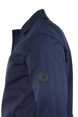 Casaco masculino de comprimento médio, leve, elegante e casual, azul marinho.