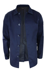 Casaco masculino de comprimento médio, leve, elegante e casual, azul marinho.