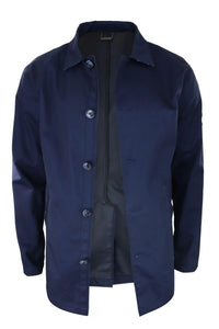 Casaco masculino de comprimento médio, leve, elegante e casual, azul marinho.