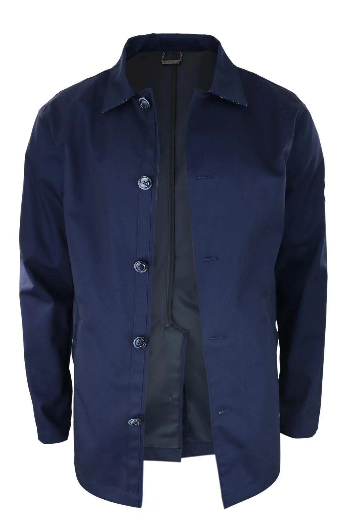 Casaco masculino de comprimento médio, leve, elegante e casual, azul marinho.