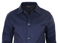 Casaco masculino de comprimento médio, leve, elegante e casual, azul marinho.