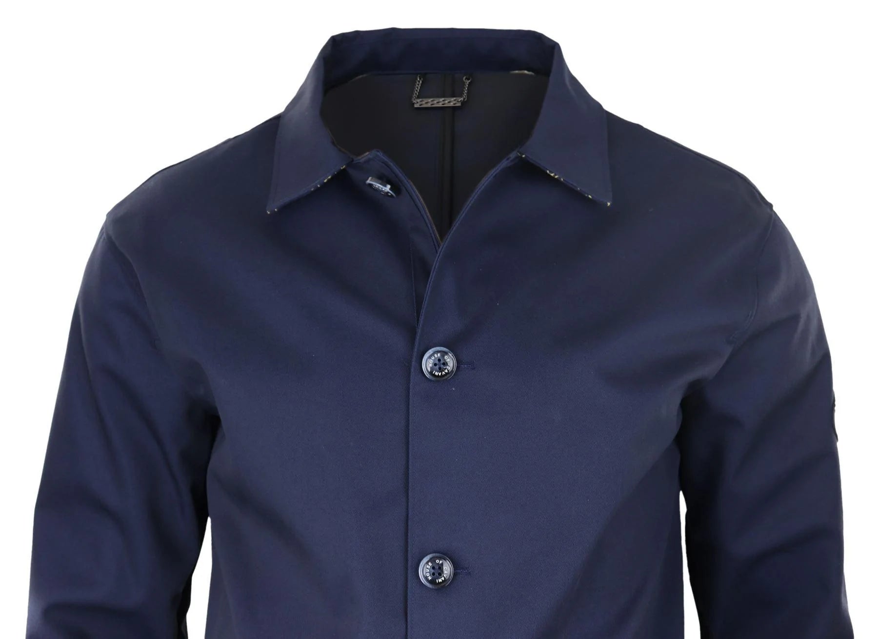 Casaco masculino de comprimento médio, leve, elegante e casual, azul marinho.
