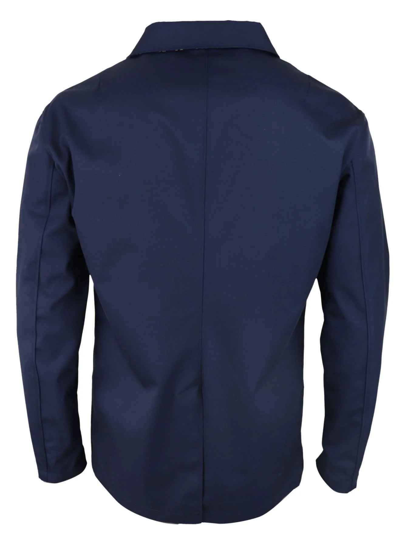 Casaco masculino de comprimento médio, leve, elegante e casual, azul marinho.