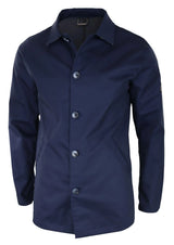 Casaco masculino de comprimento médio, leve, elegante e casual, azul marinho.