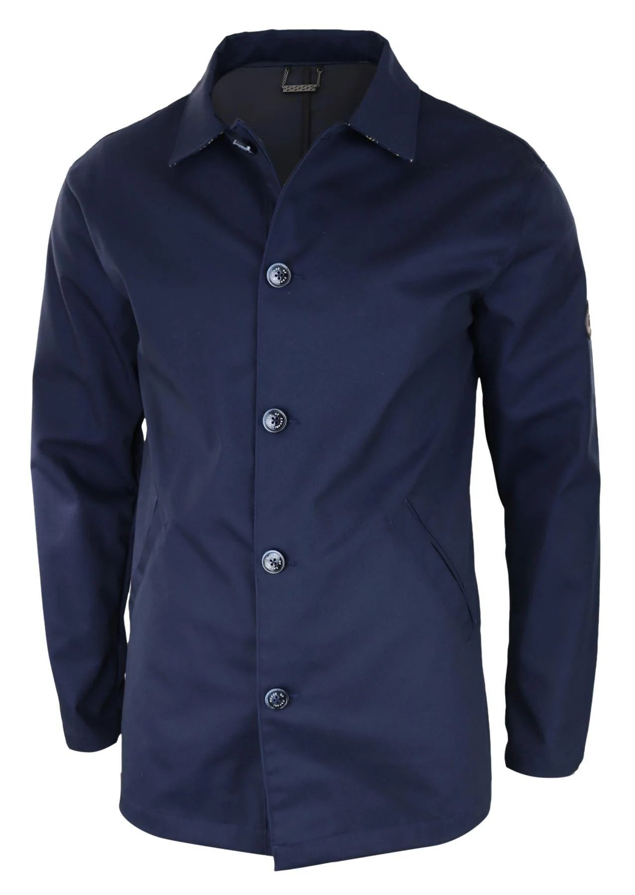 Casaco masculino de comprimento médio, leve, elegante e casual, azul marinho.