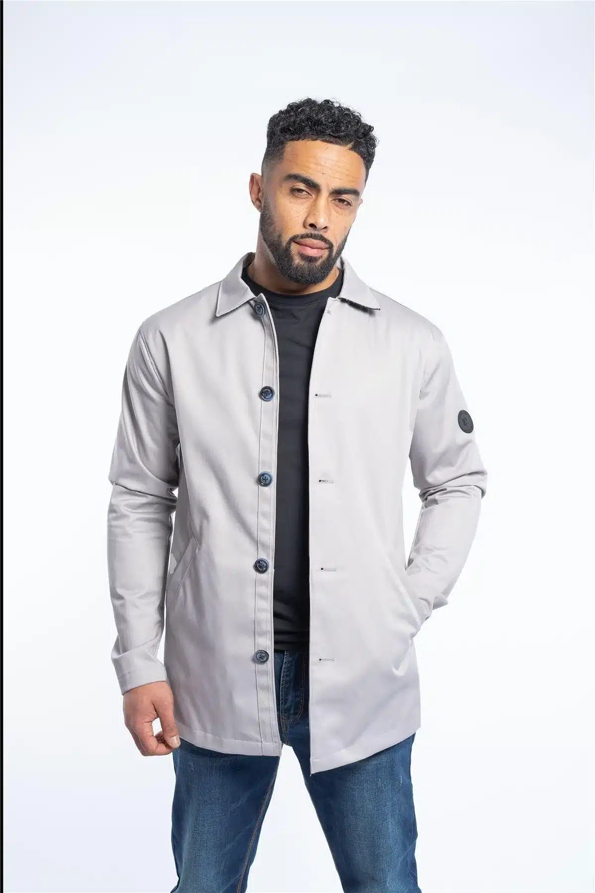 Casaco masculino de comprimento médio, leve, elegante e casual, bege pedra.