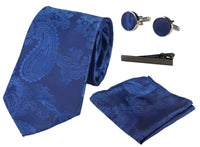 Conjunto de presente com gravata azul paisley, lenço de bolso, abotoaduras e gravata floral de cetim.