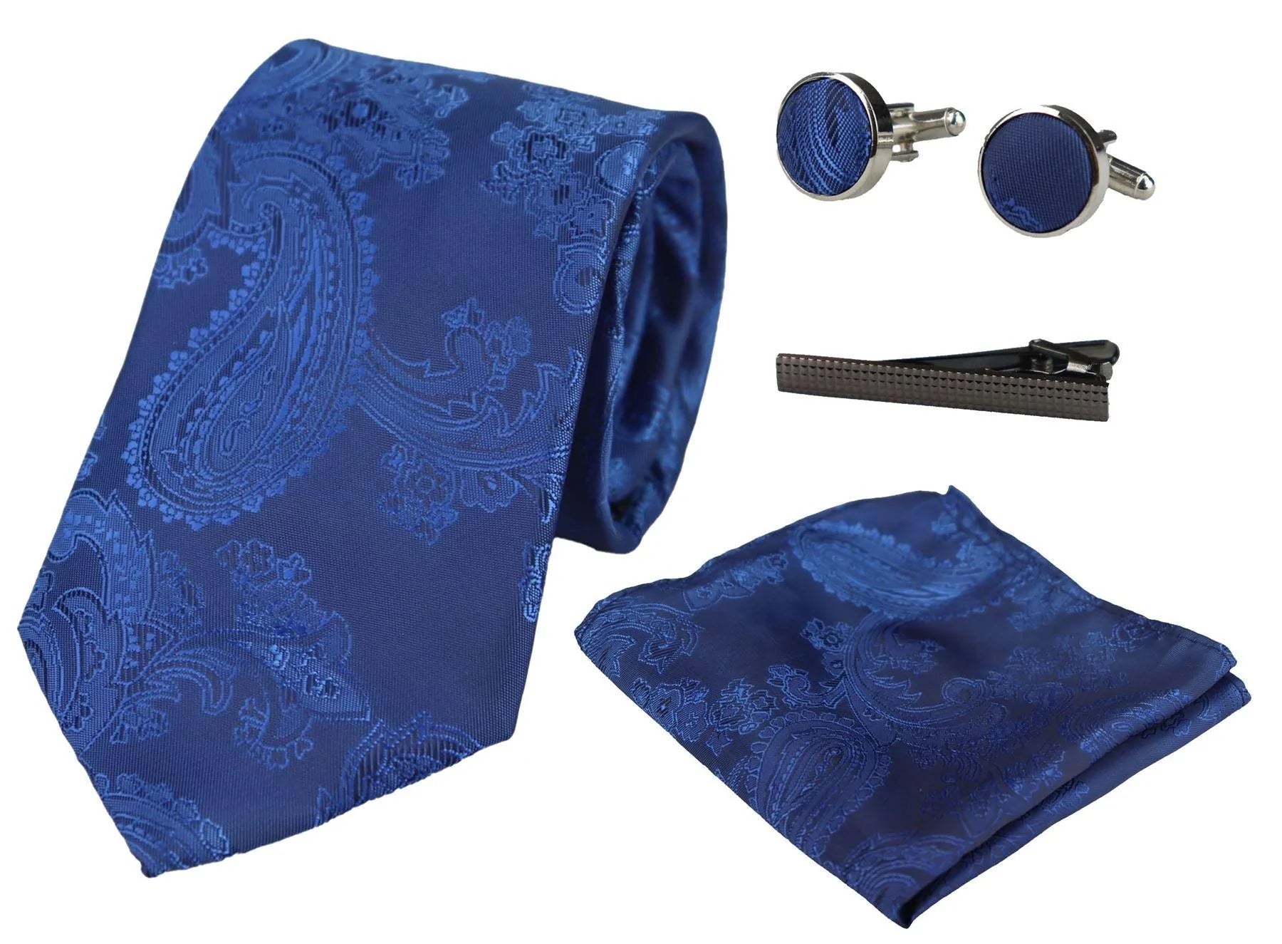 Conjunto de presente com gravata azul paisley, lenço de bolso, abotoaduras e gravata floral de cetim.