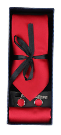Conjunto de presente em cetim de seda vermelho com gravata, lenço de bolso, abotoaduras e cetim brilhante.