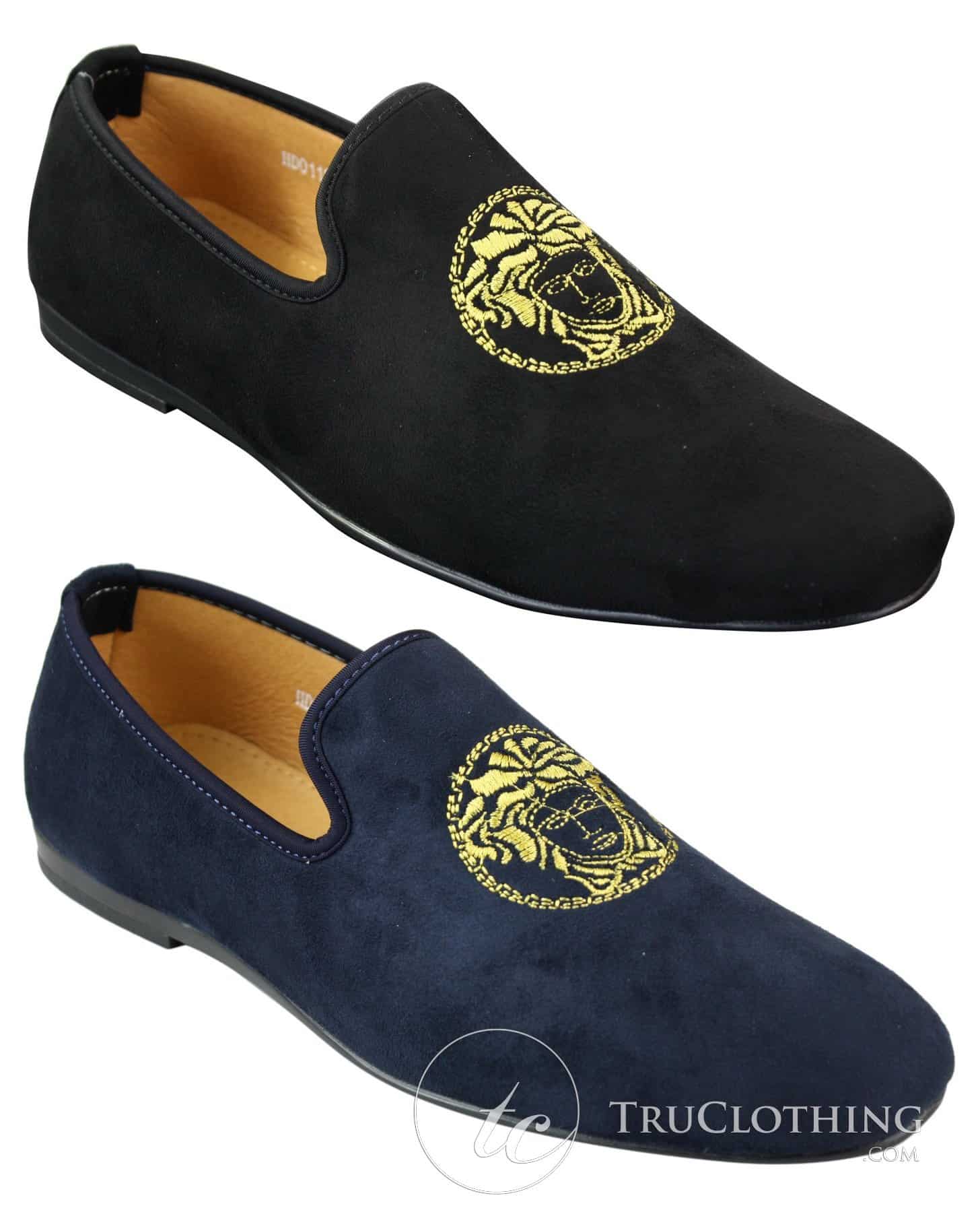 Fiorello HD0112-04 - Mocassins masculinos pretos icônicos Medusa, estilo mocassim, para dirigir, em camurça sintética italiana.