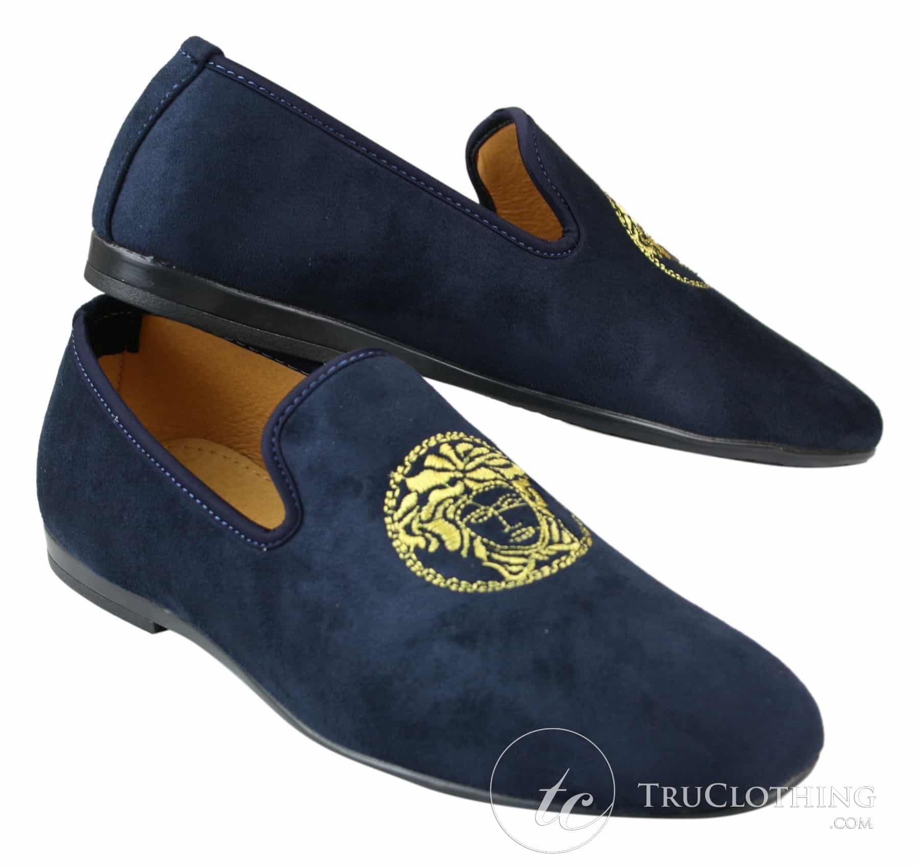 Fiorello HD0112-04 - Mocassins masculinos pretos icônicos Medusa, estilo mocassim, para dirigir, em camurça sintética italiana.