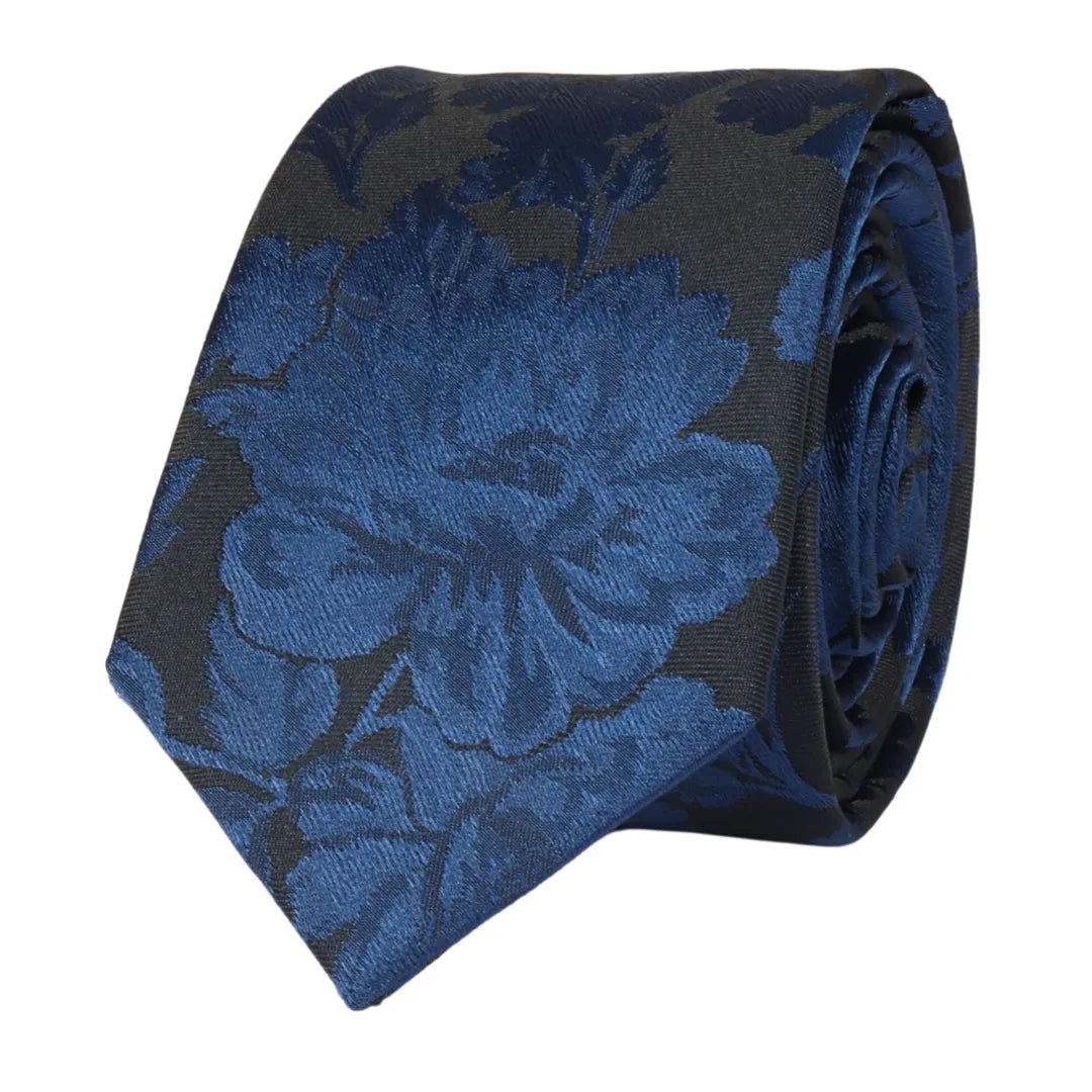 Conjunto de gravata e lenço de bolso masculino formal com estampa floral - Azul Marinho