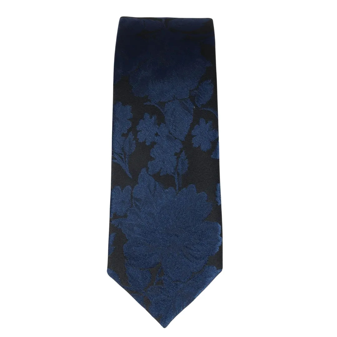 Conjunto de gravata e lenço de bolso masculino formal com estampa floral - Azul Marinho