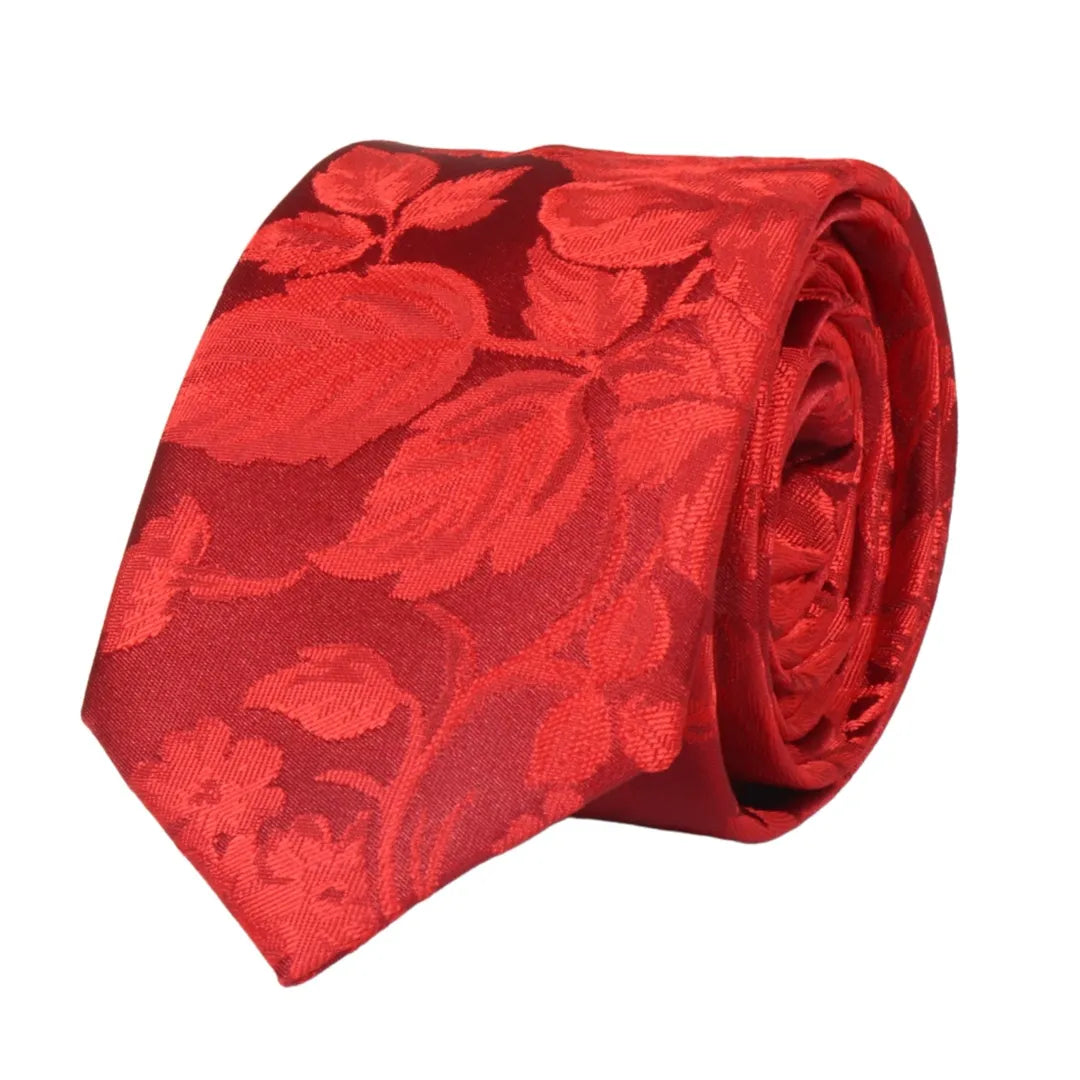 Conjunto de gravata e lenço de bolso masculino formal com estampa floral - Vermelho