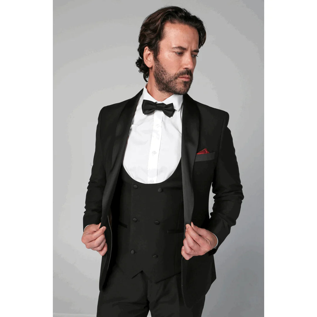 Terno clássico Ford masculino preto de 3 peças com lapelas de cetim.