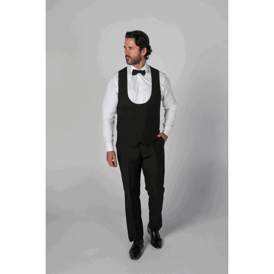 Terno clássico Ford masculino preto de 3 peças com lapelas de cetim.