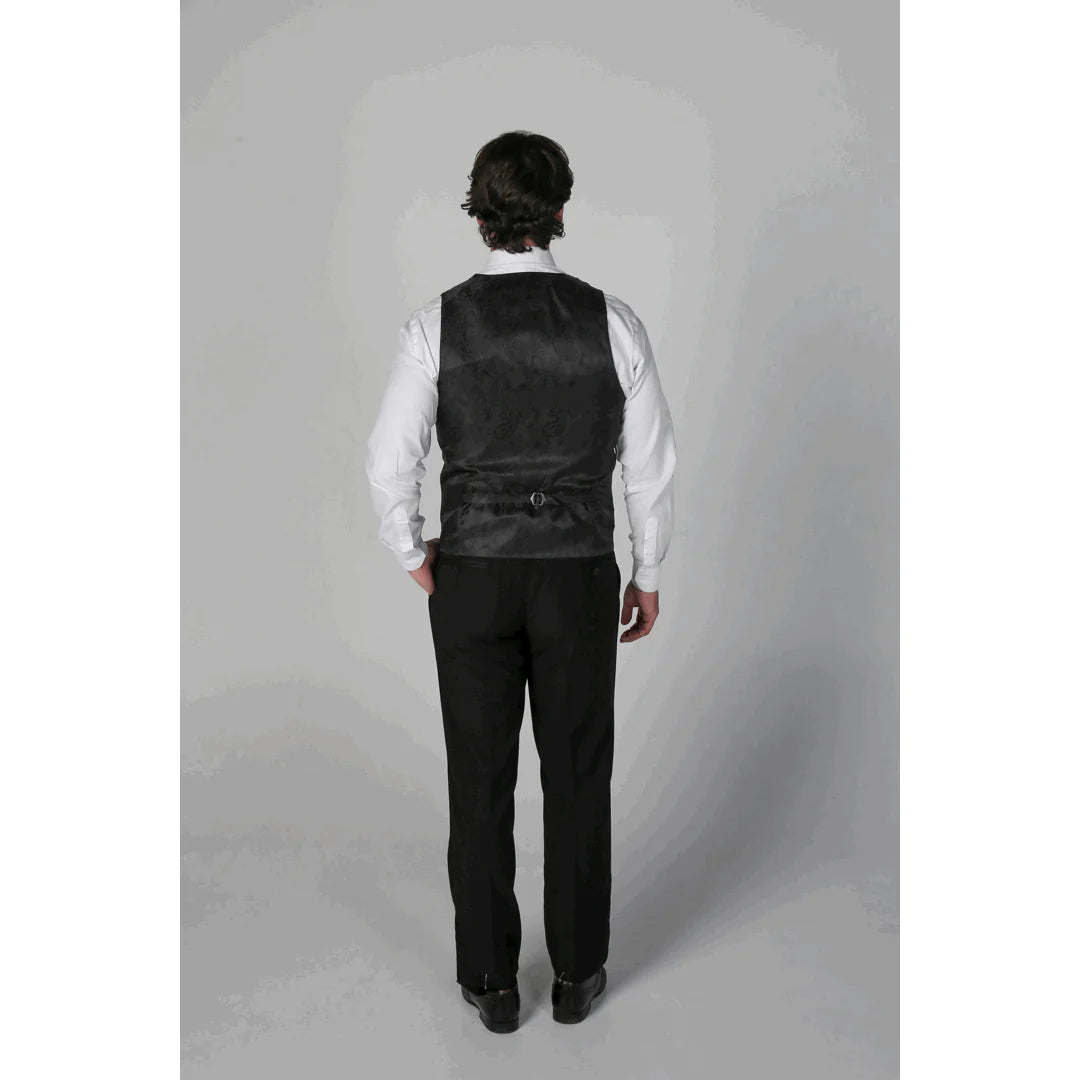 Terno clássico Ford masculino preto de 3 peças com lapelas de cetim.