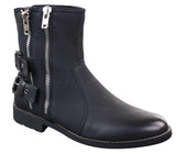 Botas masculinas de motociclista com zíper, estilo punk rock, com fivela no tornozelo e fechamento por tira.