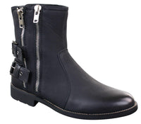 Botas masculinas de motociclista com zíper, estilo punk rock, com fivela no tornozelo e fechamento por tira.