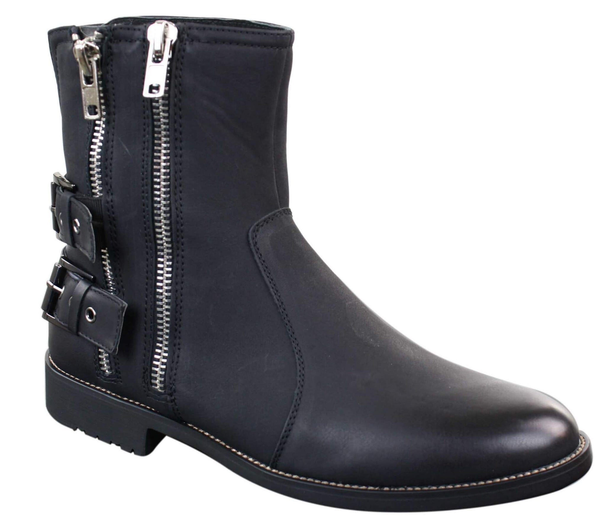 Botas masculinas de motociclista com zíper, estilo punk rock, com fivela no tornozelo e fechamento por tira.