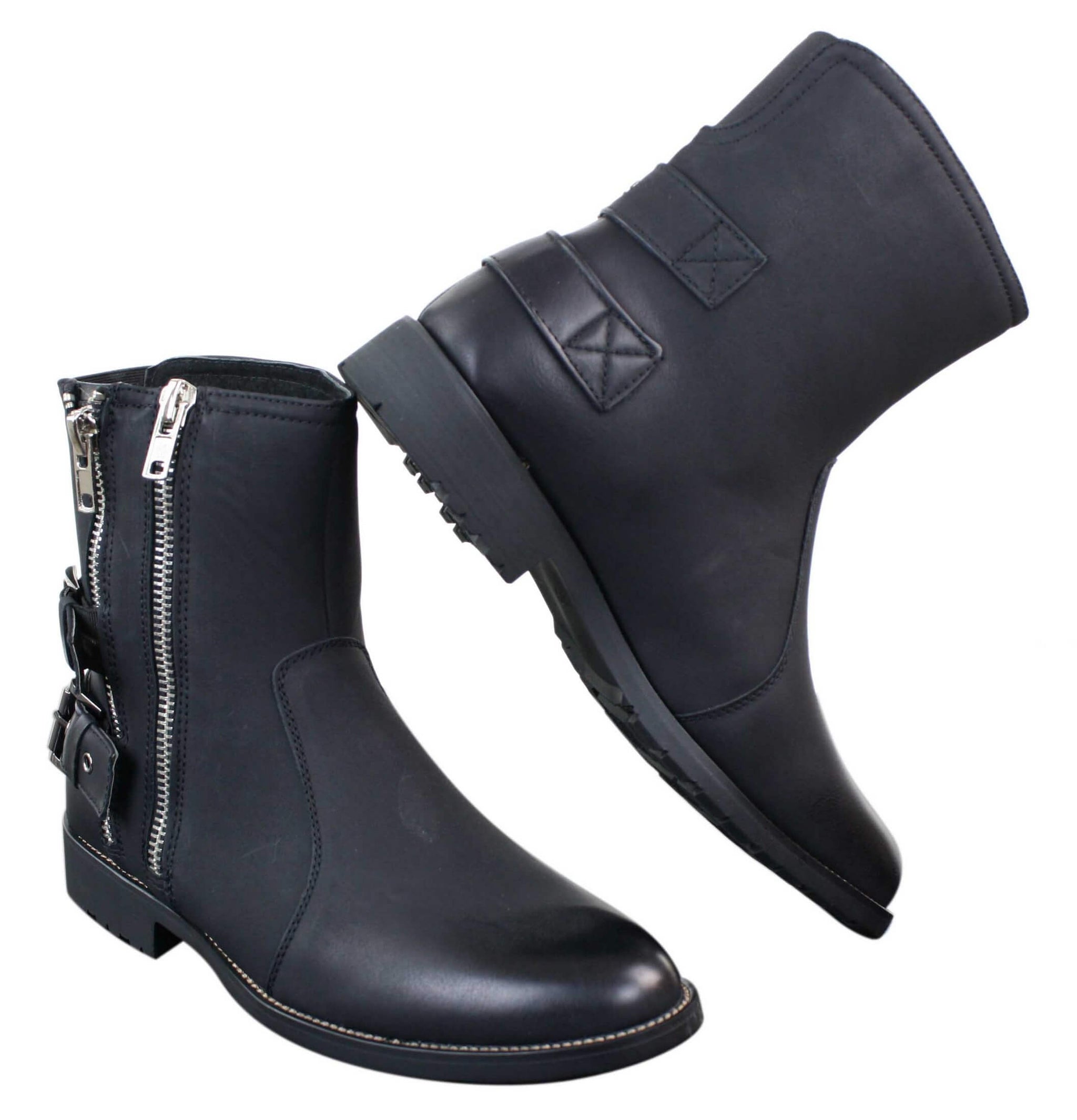 Botas masculinas de motociclista com zíper, estilo punk rock, com fivela no tornozelo e fechamento por tira.