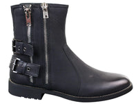 Botas masculinas de motociclista com zíper, estilo punk rock, com fivela no tornozelo e fechamento por tira.
