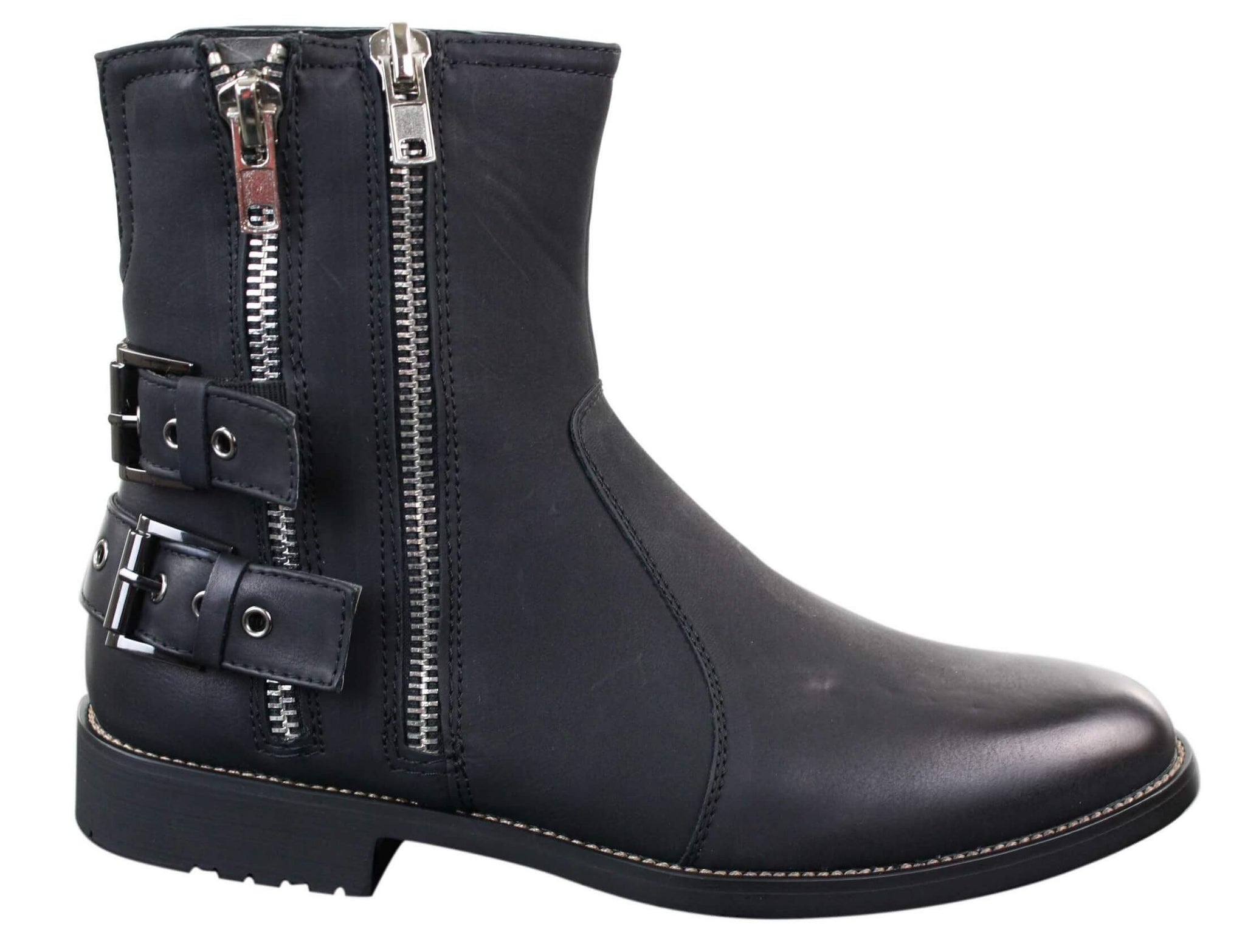 Botas masculinas de motociclista com zíper, estilo punk rock, com fivela no tornozelo e fechamento por tira.