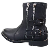 Botas masculinas de motociclista com zíper, estilo punk rock, com fivela no tornozelo e fechamento por tira.