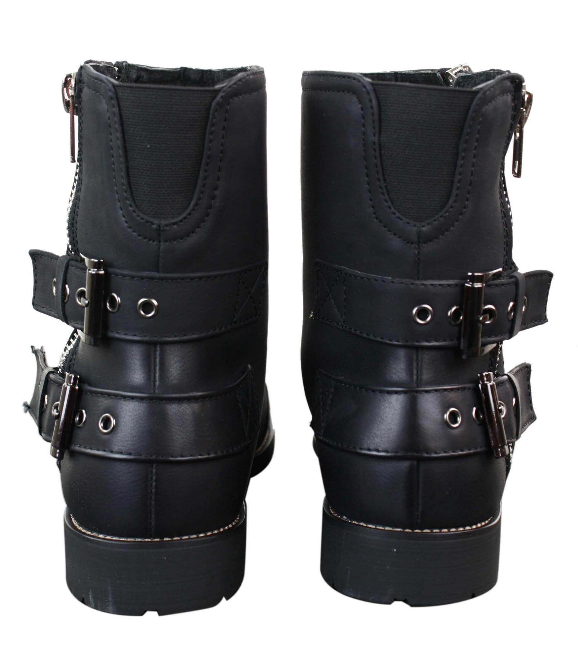 Botas masculinas de motociclista com zíper, estilo punk rock, com fivela no tornozelo e fechamento por tira.