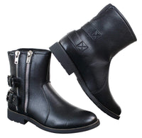 Botas masculinas de motociclista com zíper, estilo punk rock, com fivela no tornozelo e fechamento por tira.