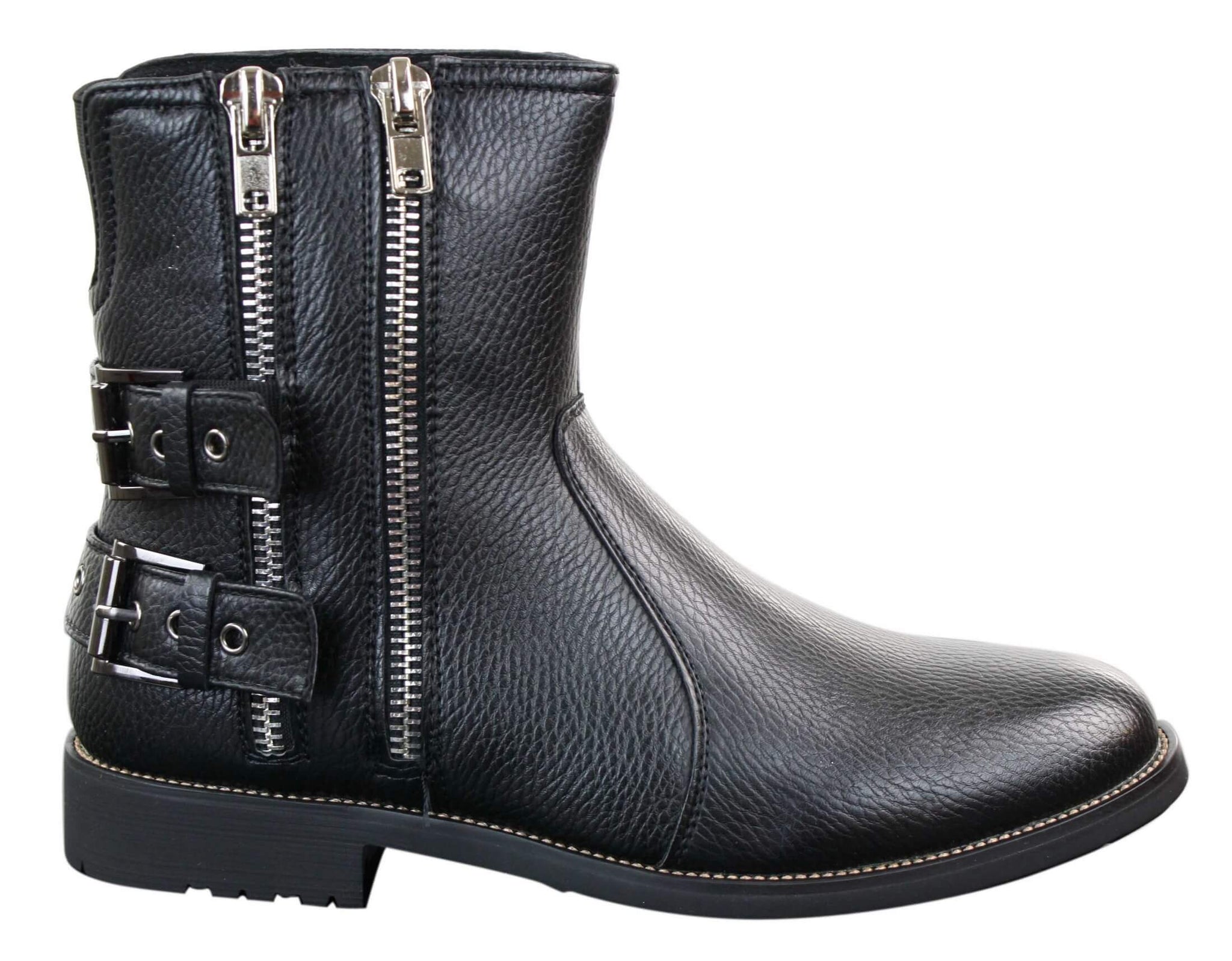 Botas masculinas de motociclista com zíper, estilo punk rock, com fivela no tornozelo e fechamento por tira.