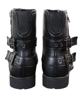 Botas masculinas de motociclista com zíper, estilo punk rock, com fivela no tornozelo e fechamento por tira.