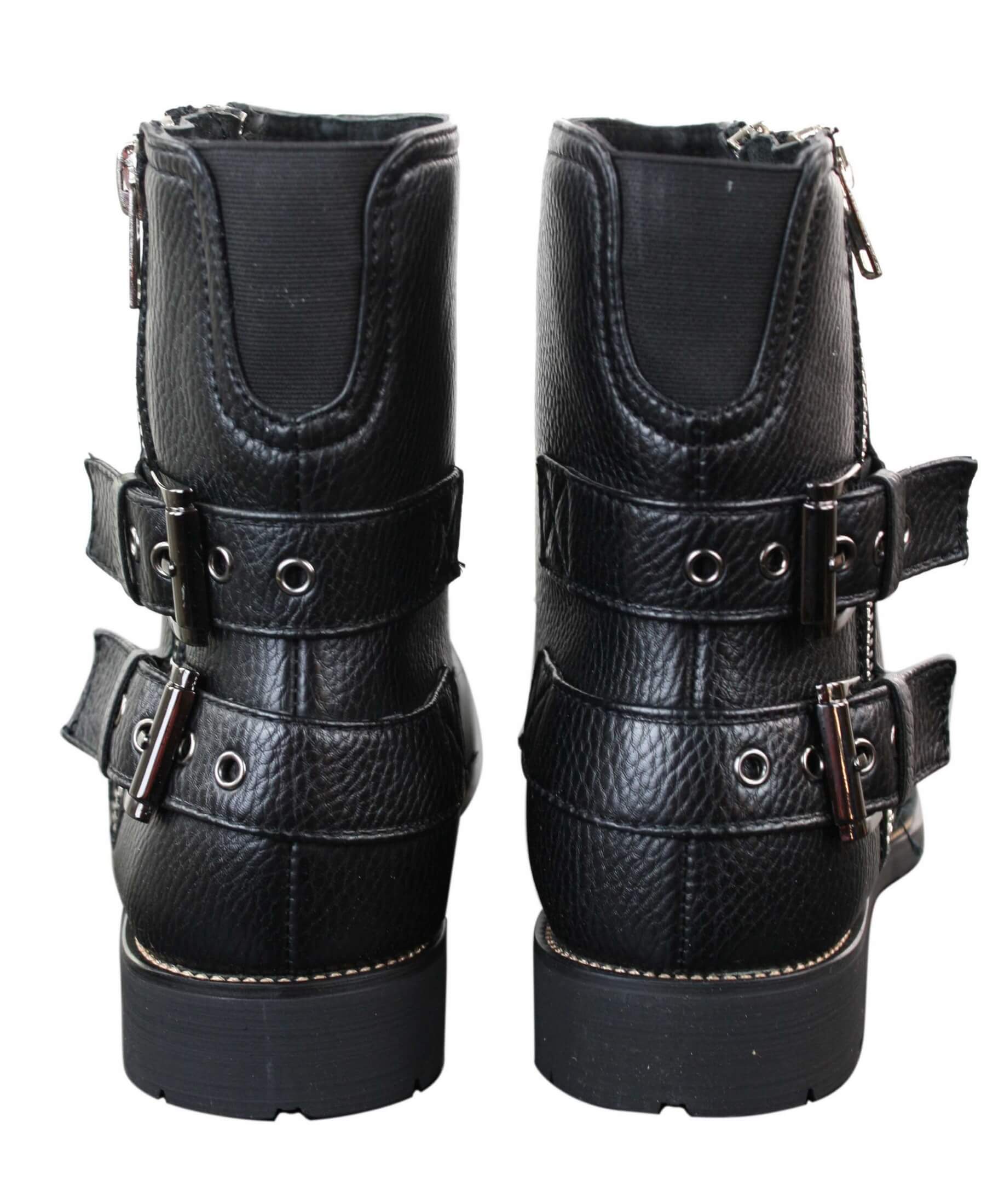 Botas masculinas de motociclista com zíper, estilo punk rock, com fivela no tornozelo e fechamento por tira.