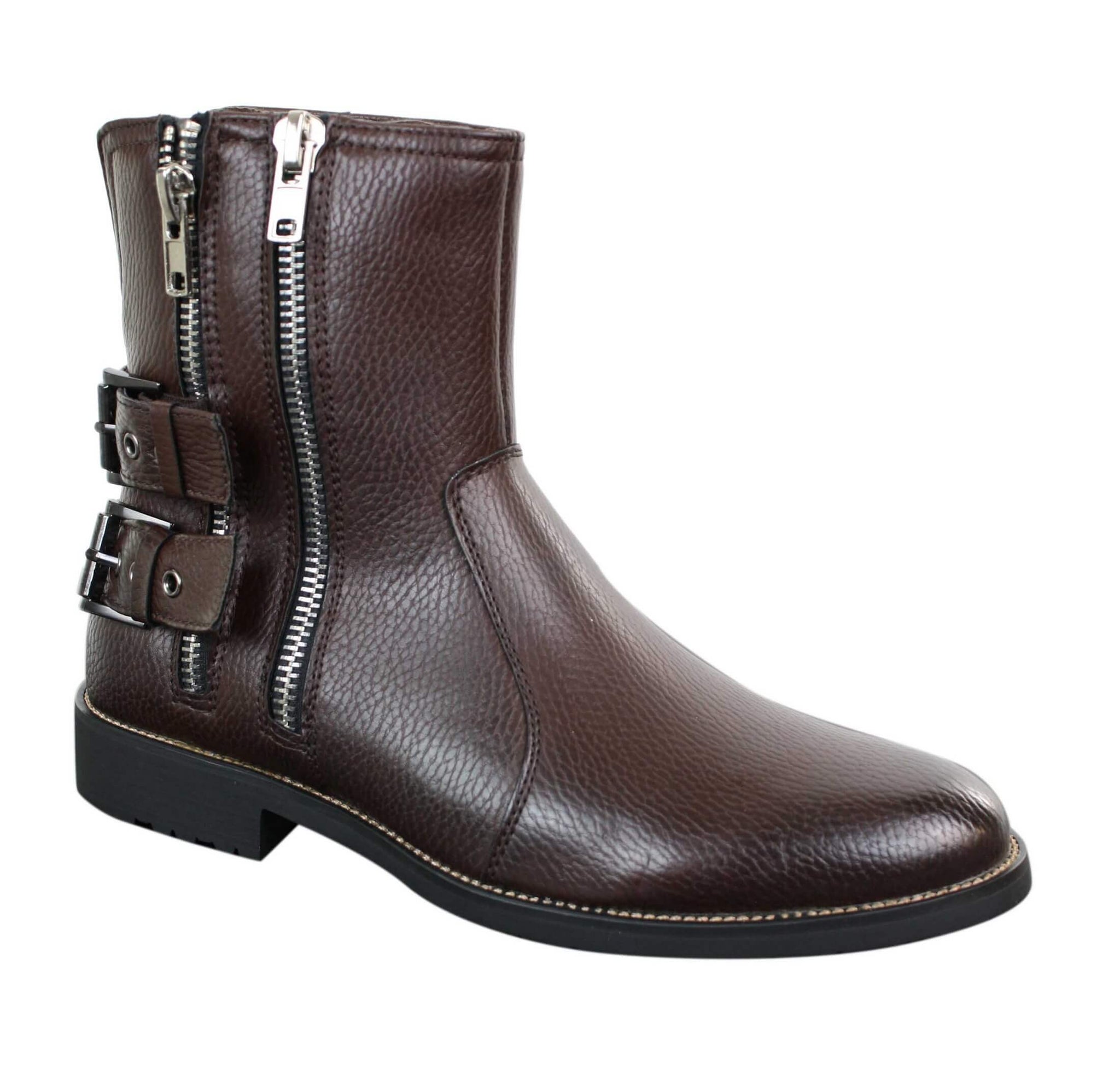 Botas masculinas de motociclista com zíper, estilo punk rock, com fivela no tornozelo e fechamento por tira.