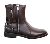 Botas masculinas de motociclista com zíper, estilo punk rock, com fivela no tornozelo e fechamento por tira.