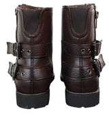 Botas masculinas de motociclista com zíper, estilo punk rock, com fivela no tornozelo e fechamento por tira.