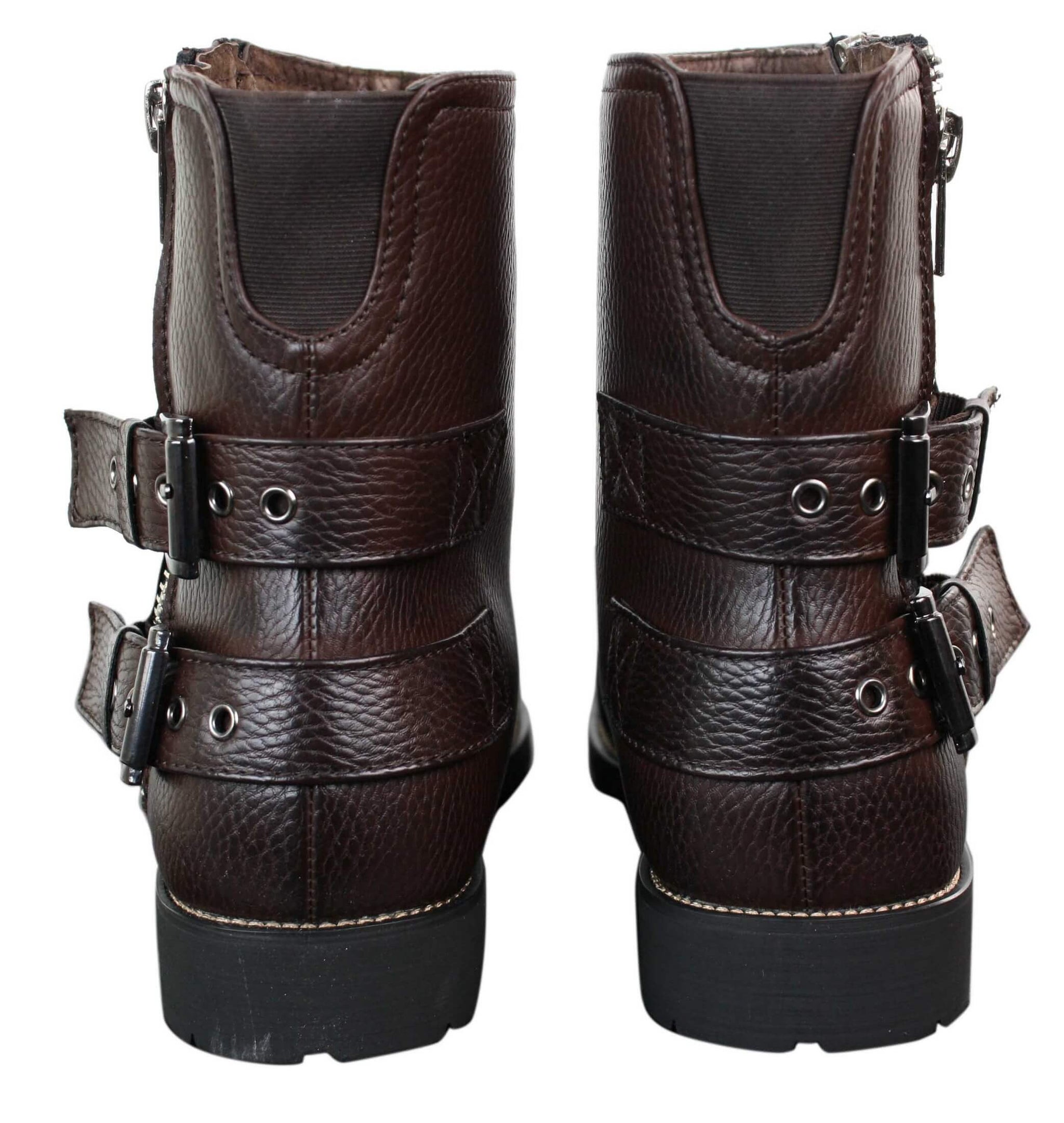 Botas masculinas de motociclista com zíper, estilo punk rock, com fivela no tornozelo e fechamento por tira.