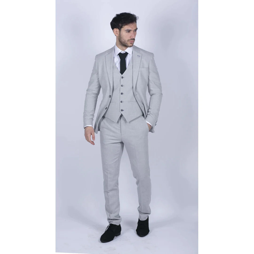 Terno masculino de tweed cinza claro, 3 peças, corte sob medida, clássico vintage, anos 1920, para casamento.
