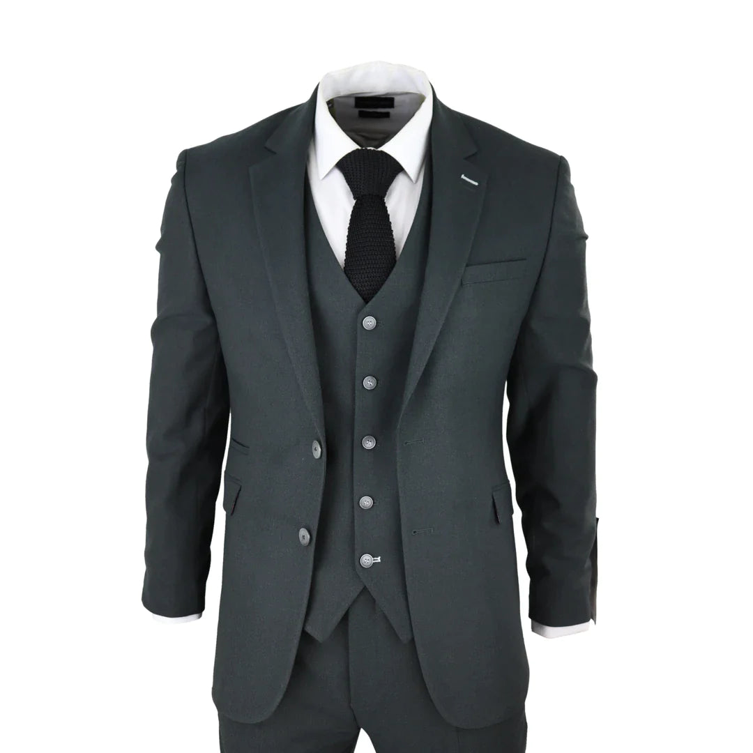 Terno masculino de tweed verde-oliva de 3 peças, corte clássico vintage dos anos 1920, ideal para casamentos.