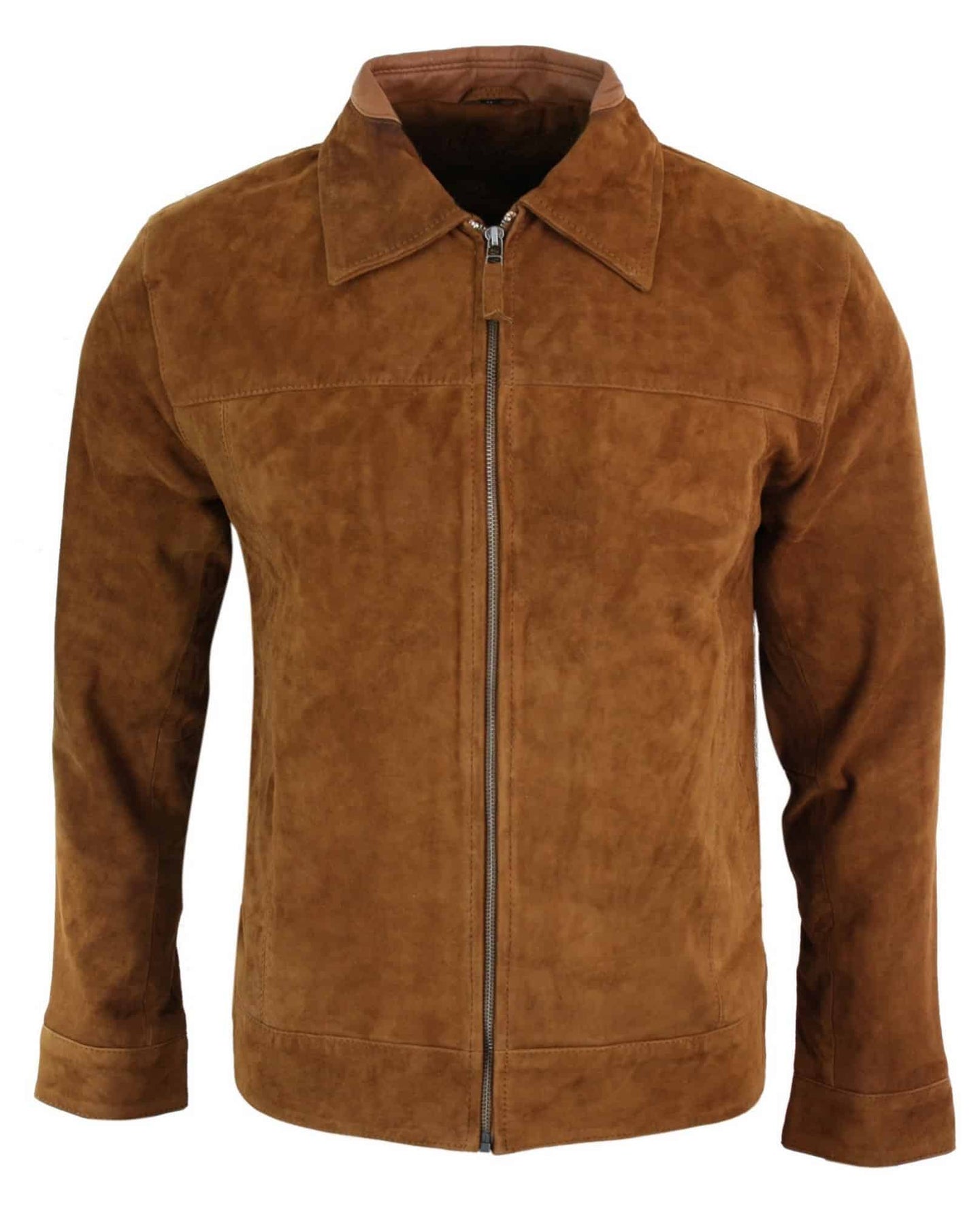 Jaqueta masculina Infinity G500 em camurça, clássica, com zíper, cor camelo, gola dobrável, estilo vintage retrô.
