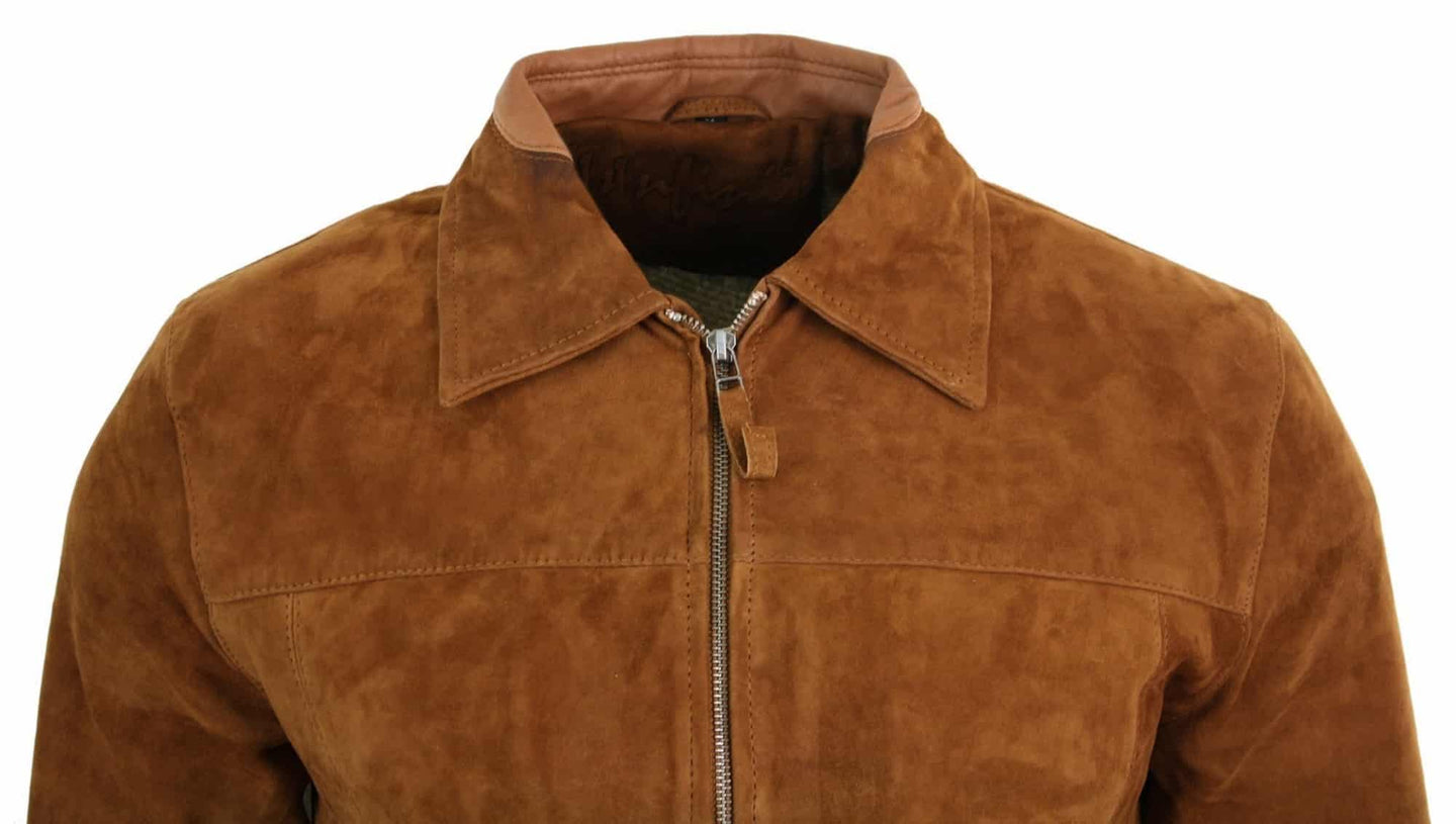 Jaqueta masculina Infinity G500 em camurça, clássica, com zíper, cor camelo, gola dobrável, estilo vintage retrô.