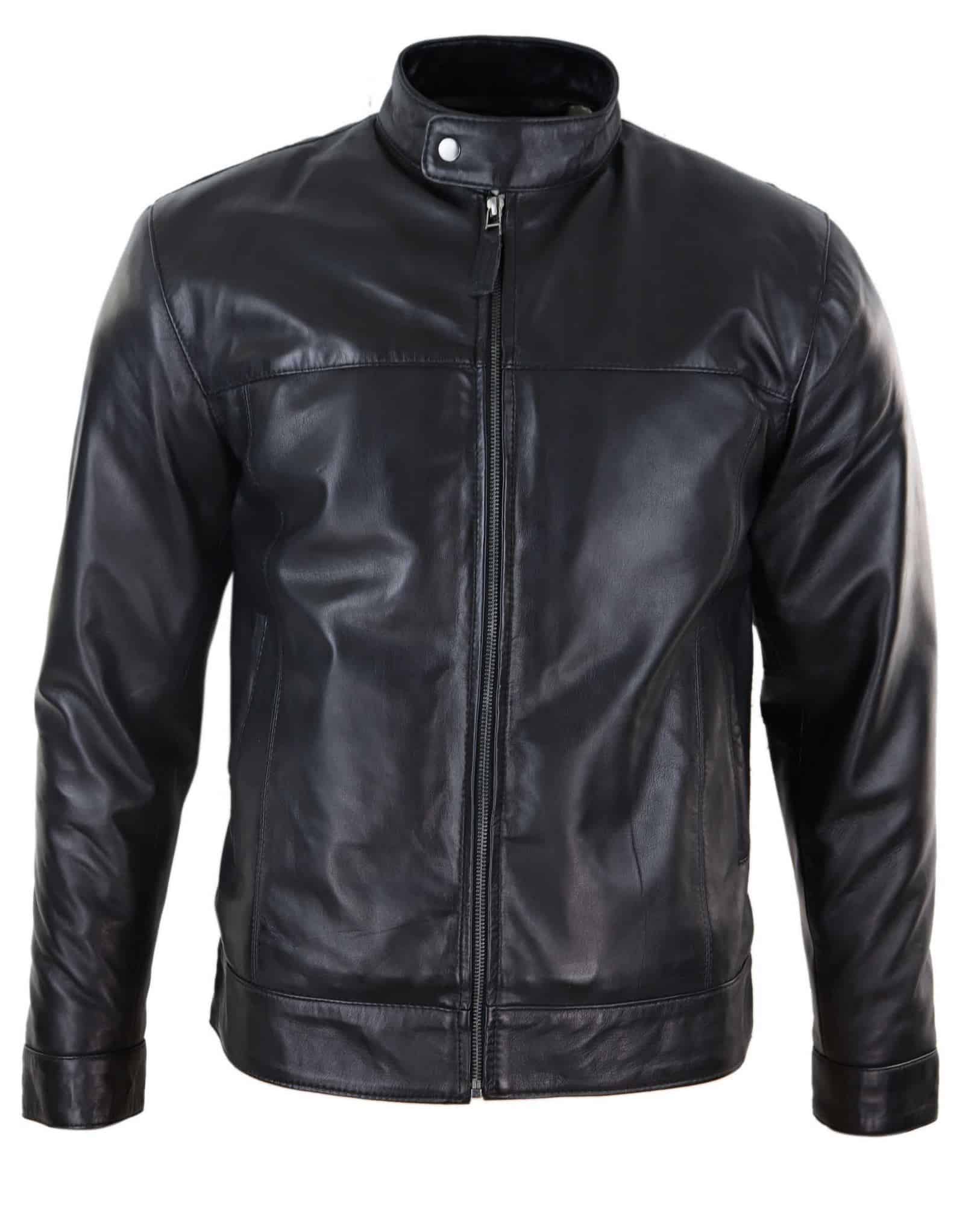 Jaqueta masculina de couro legítimo preta estilo motociclista