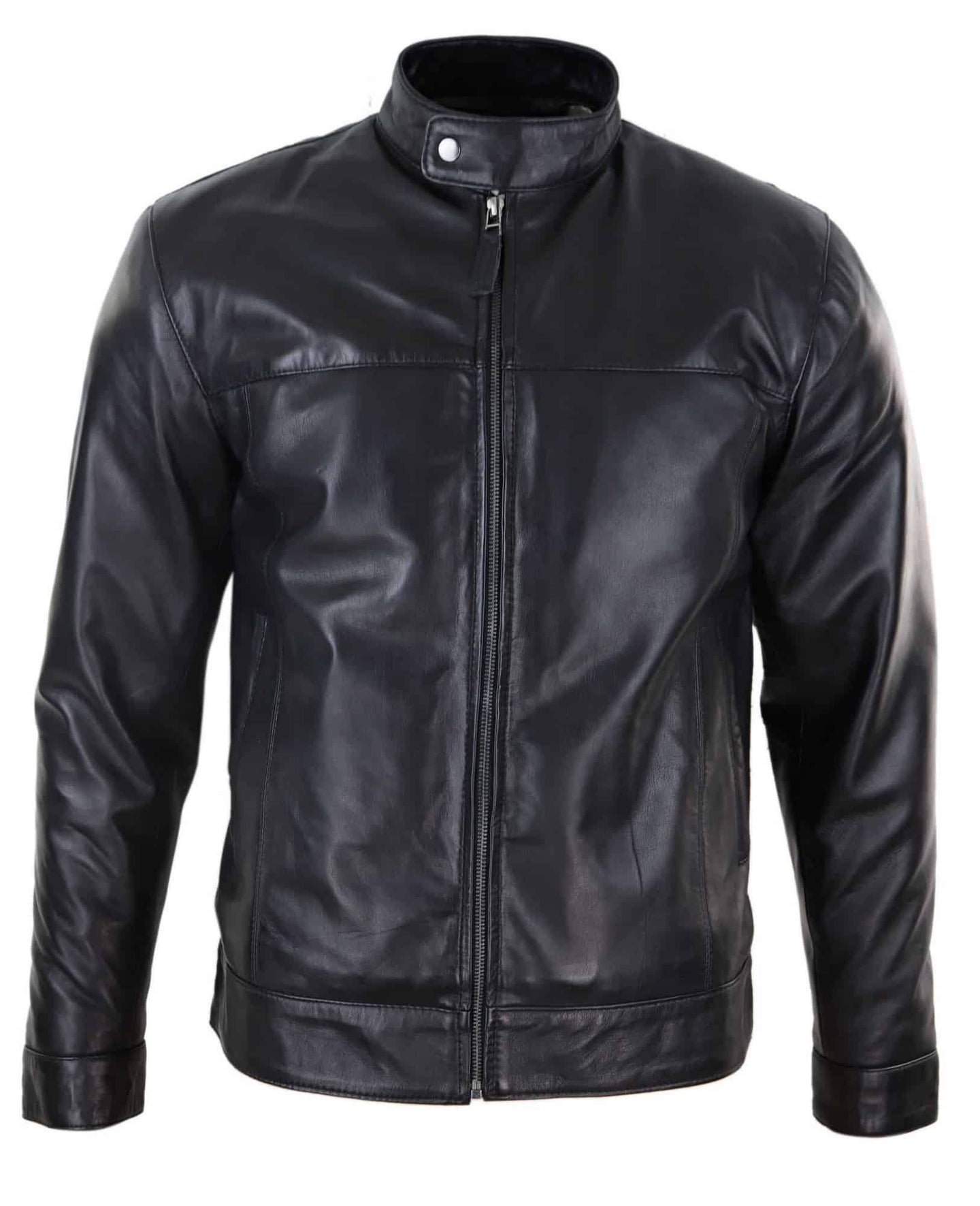 Jaqueta masculina de couro legítimo preta estilo motociclista