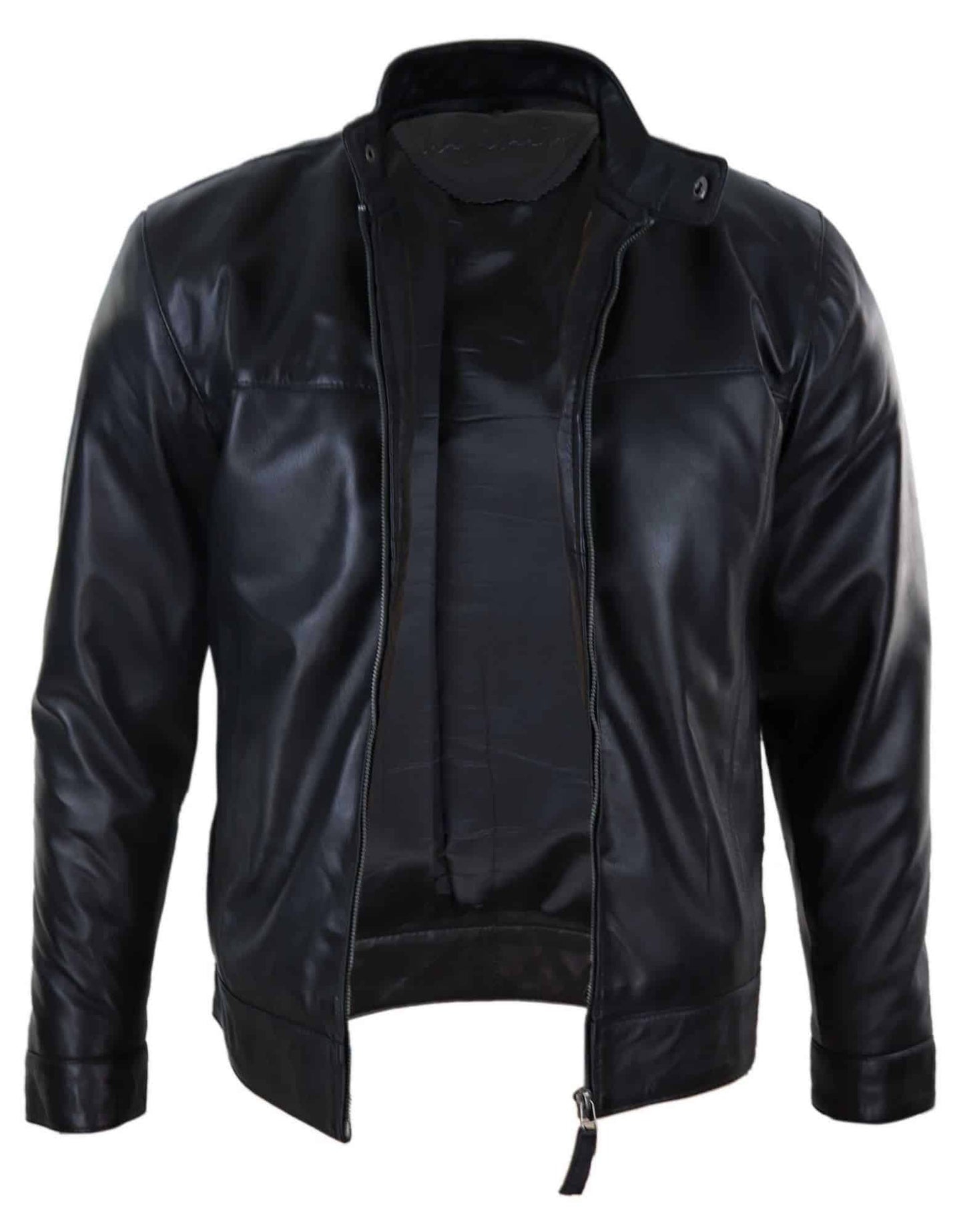 Jaqueta masculina de couro legítimo preta estilo motociclista