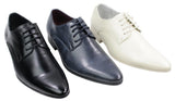 Sapatos masculinos de couro nas cores azul, preto, creme e bege, com design italiano, bico fino e cadarço.