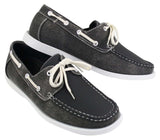 Sapatos náuticos masculinos estilo retrô em jeans, com cadarço, na cor azul marinho.
